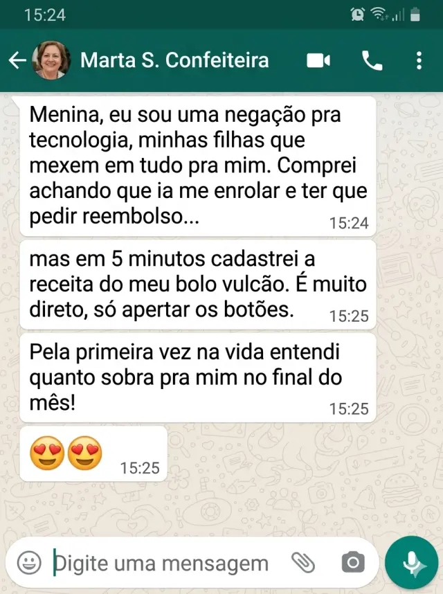 Depoimento enviado por Marta S. Confeiteira sobre usar o aplicativo