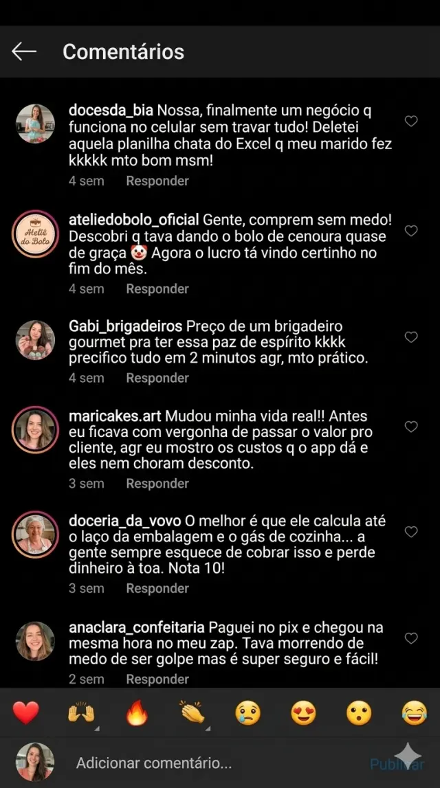 Comentários enviados de confeiteiras sobre o uso do aplicativo
