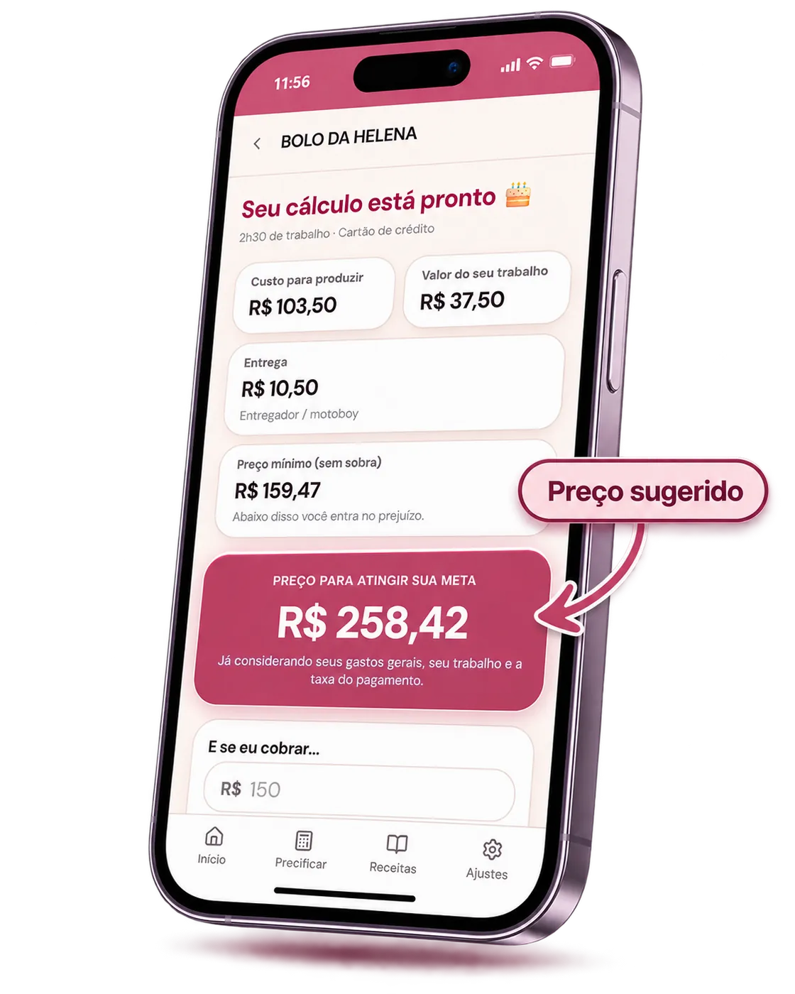 Tela do app com o preço sugerido do pedido