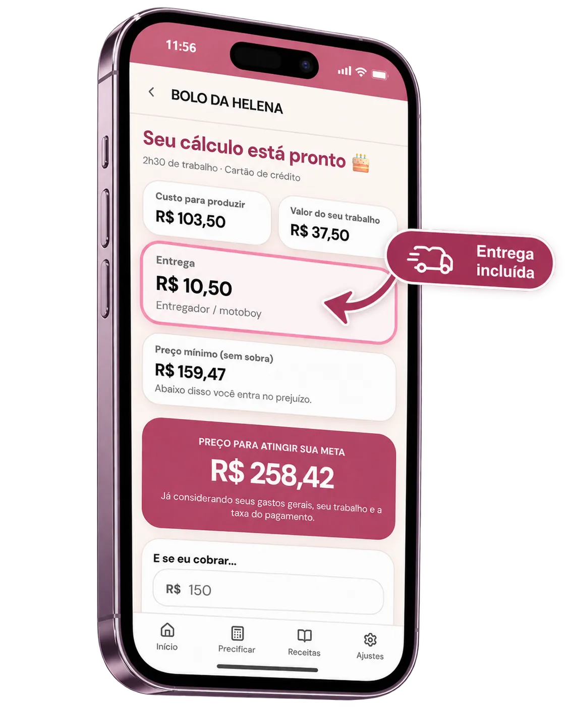 Tela do app com o custo da entrega