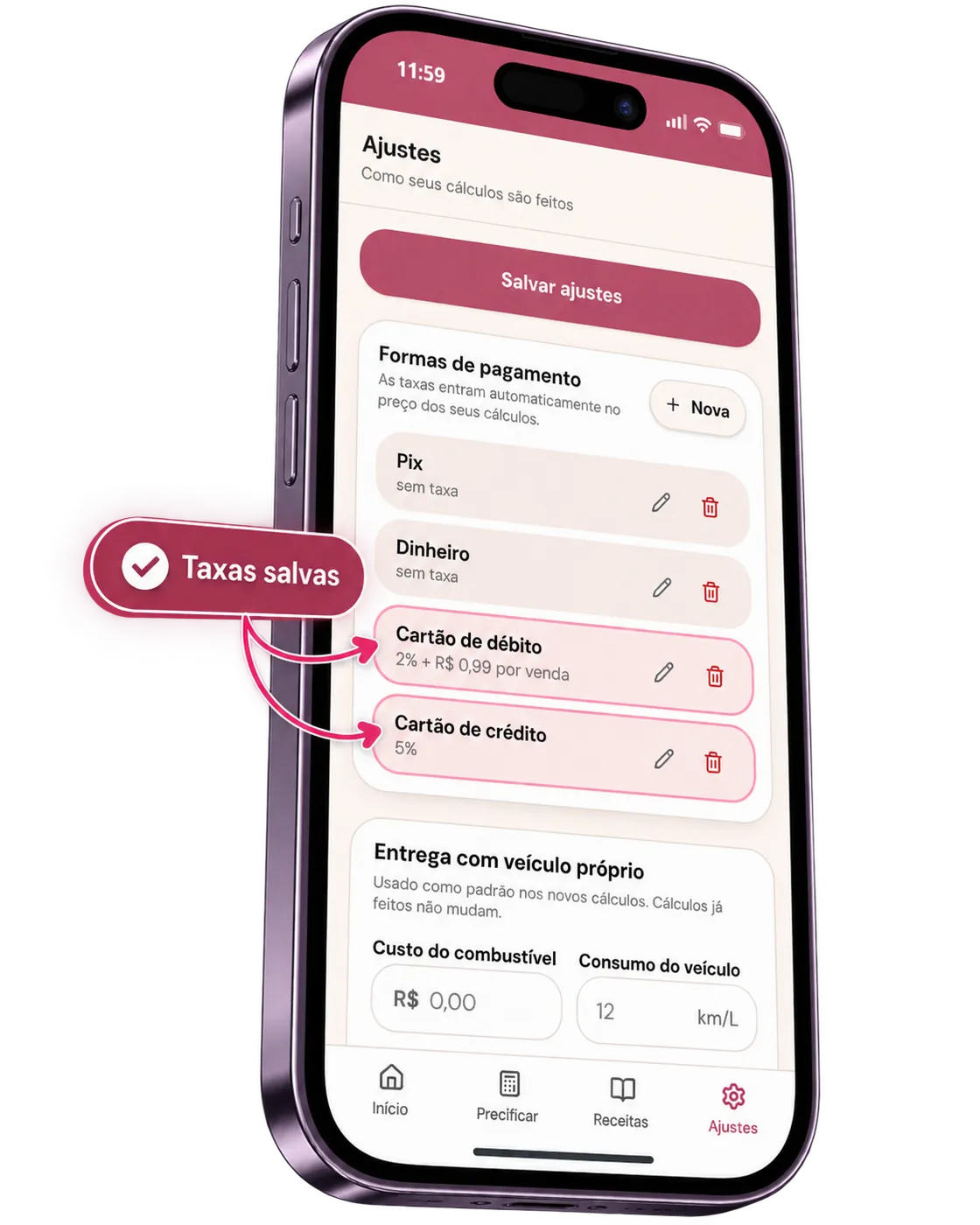 Tela do app com o cálculo da taxa do cartão